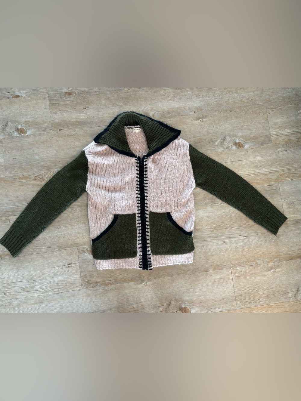 Hem & Thread Olive Green and Blush Pink Zip-Up Cardigan